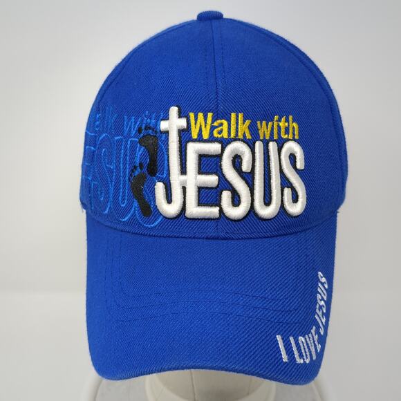 Walk With Jesus Strapback Hat Blue One Size Embroidered I Love Jesus - Picture 2 of 9